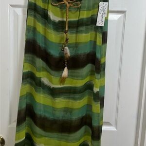 Speechess Women's Large Boho‎ Maxi Skirt Tie Waist Feather Detail Green Brown